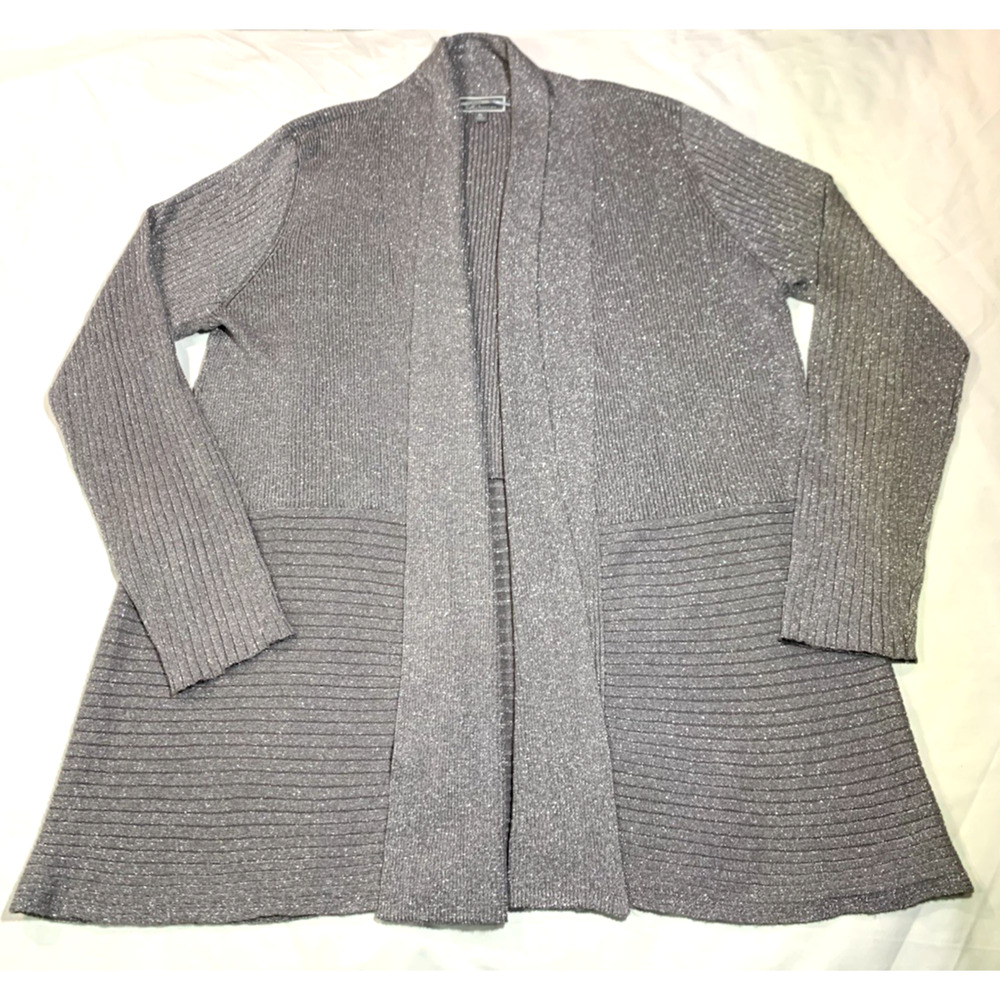 JM Collection Cardigan Women's XL Open Front Gray Silver Sparkle Glitter Stretch
